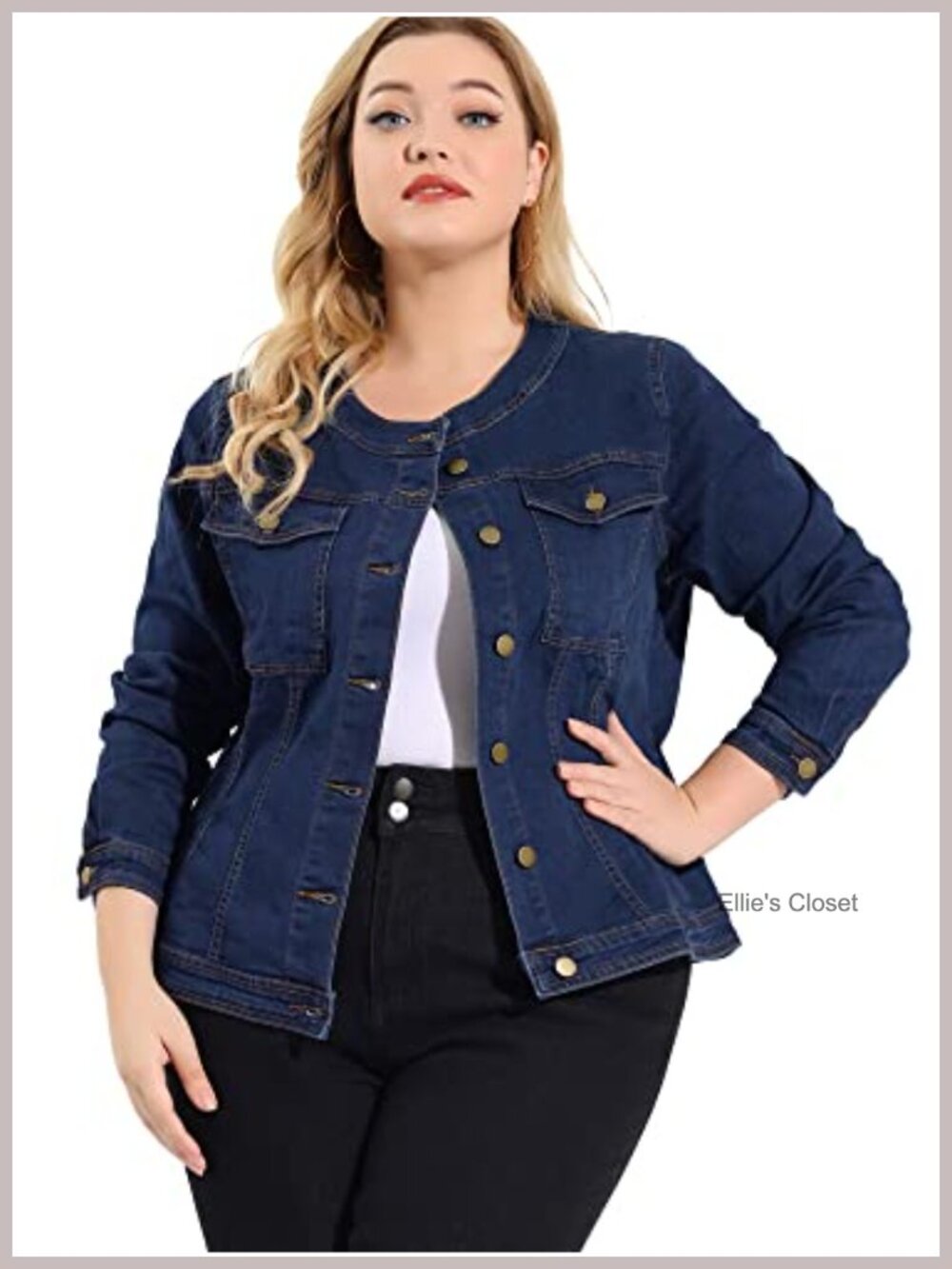 Plus Size Women's Collarless Long Sleeve Button Denim Jacket Lightweight Stretch